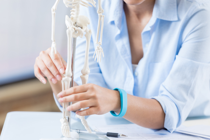 kobieta trzymająca model ludzkiego szkieletu